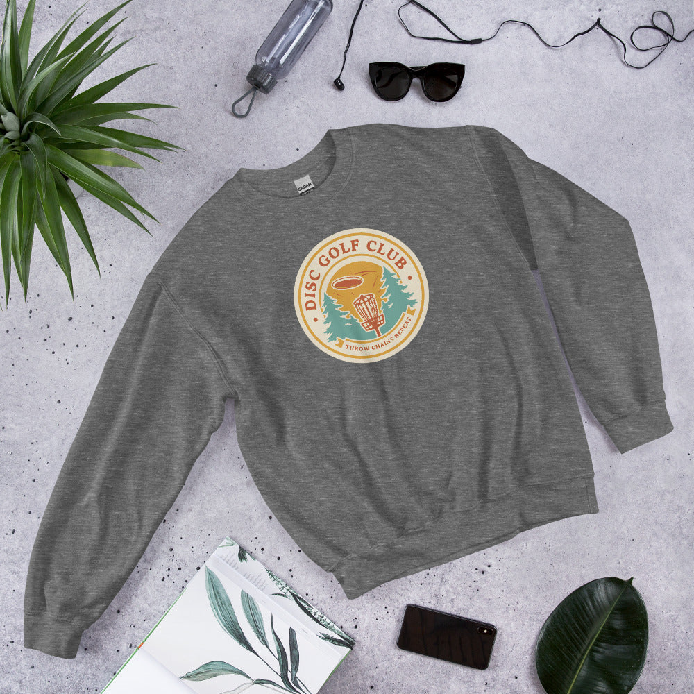 Disc Golf Club retro badge crewneck sweatshirt — Graphite Heather, front-right