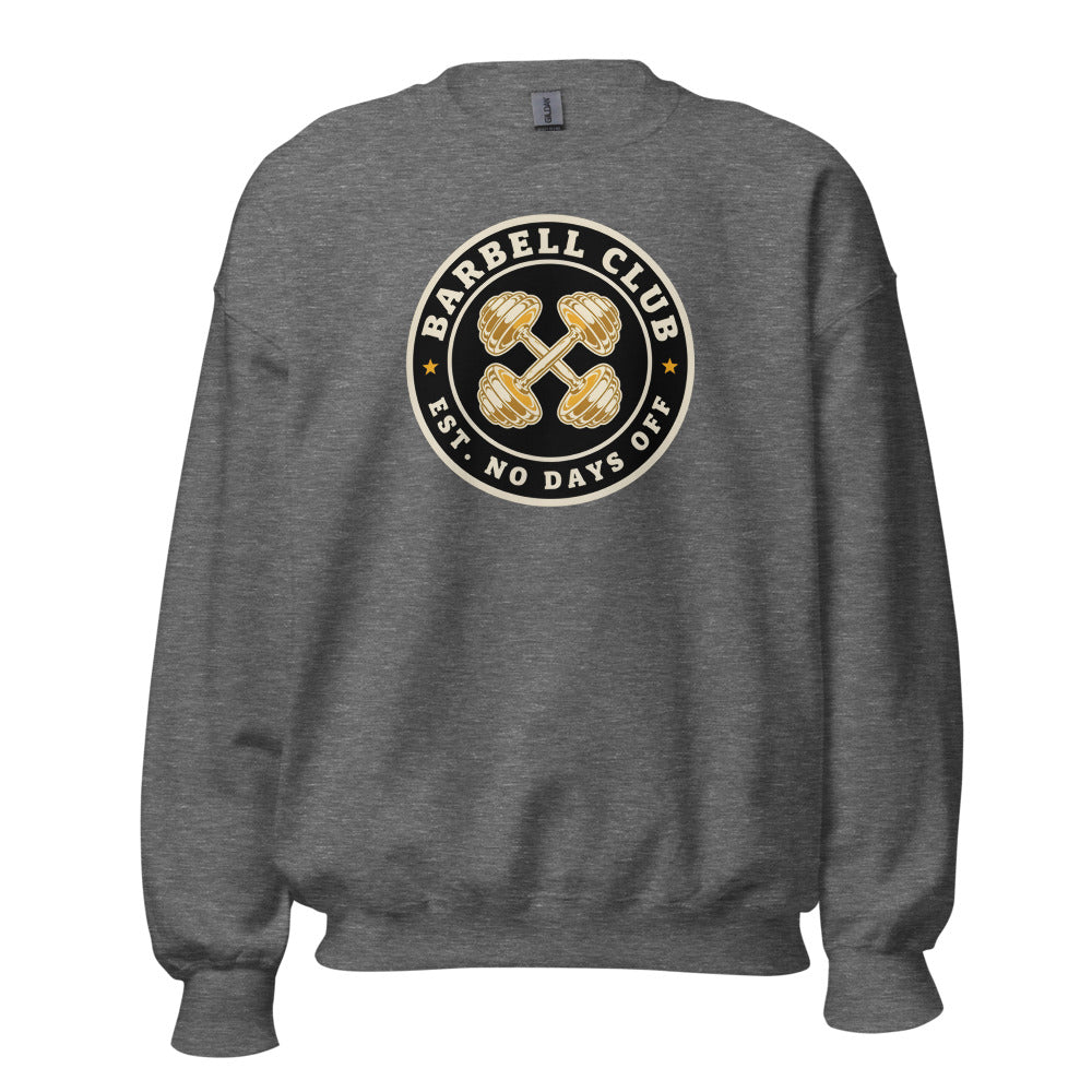 Barbell Club No Days Off vintage gym crewneck sweatshirt — Graphite Heather, front