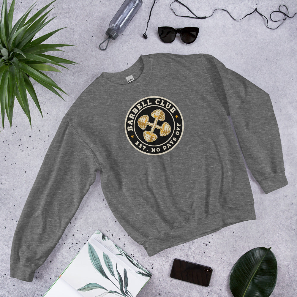 Barbell Club No Days Off vintage gym crewneck sweatshirt — Graphite Heather, front-right