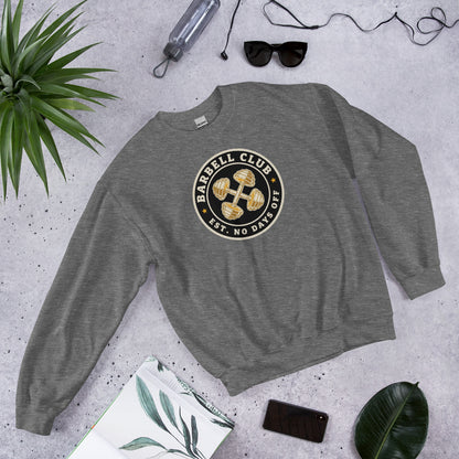 Barbell Club No Days Off vintage gym crewneck sweatshirt — Graphite Heather, front-right