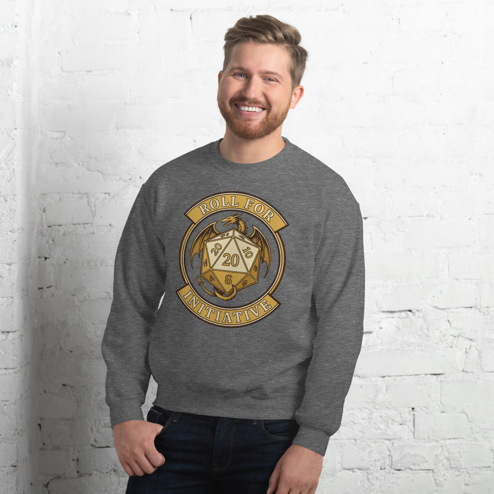 Roll For Initiative d20 dragon tabletop RPG crewneck sweatshirt — Graphite Heather, on model