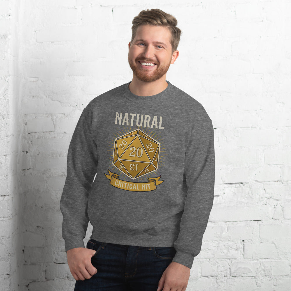 Natural 20 critical hit d20 tabletop RPG crewneck sweatshirt — Graphite Heather, on model