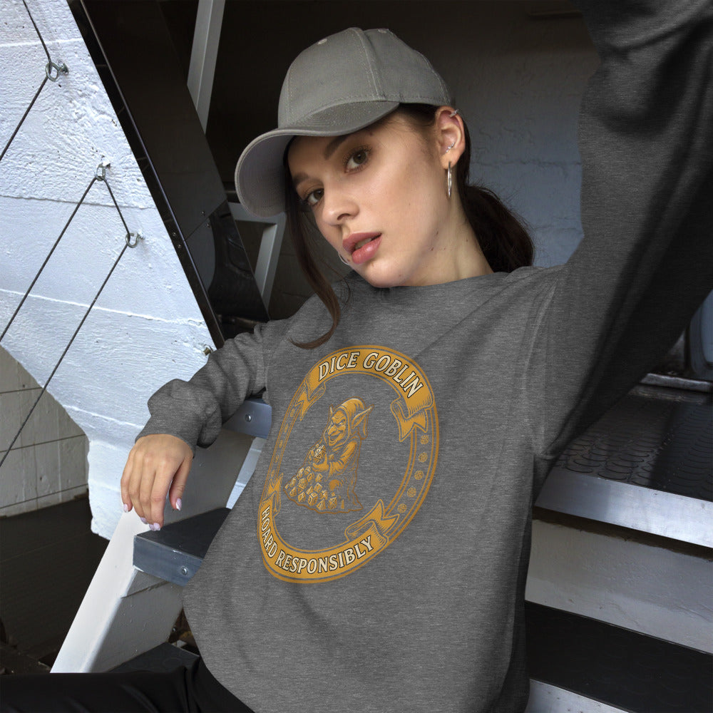 Dice Goblin Hoard Responsibly tabletop RPG crewneck sweatshirt — Graphite Heather, on model