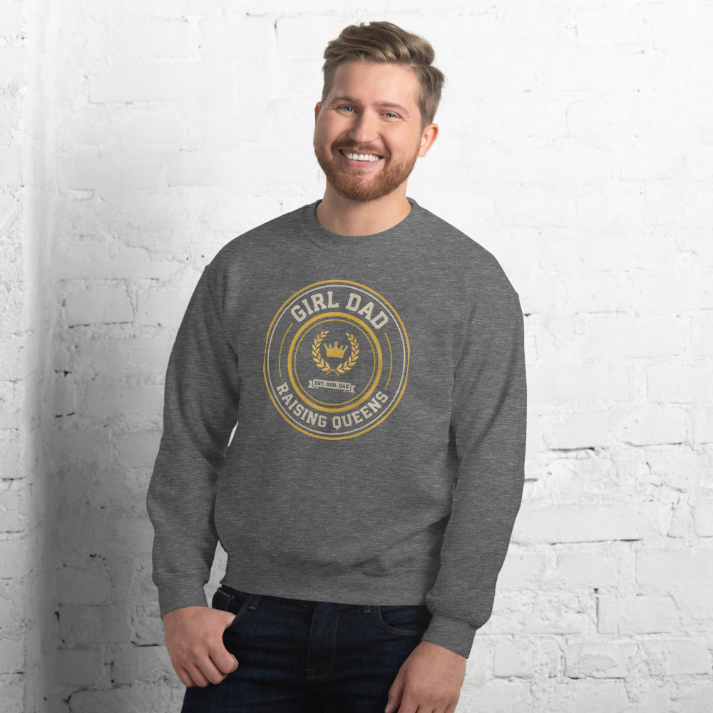 Girl Dad Raising Queens crest crewneck sweatshirt — Graphite Heather, on model