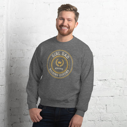 Girl Dad Raising Queens crest crewneck sweatshirt — Graphite Heather, on model