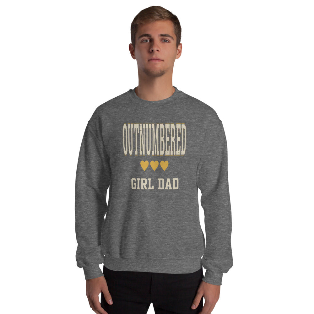 Girl Dad Outnumbered & Proud crewneck sweatshirt — Graphite Heather, on model