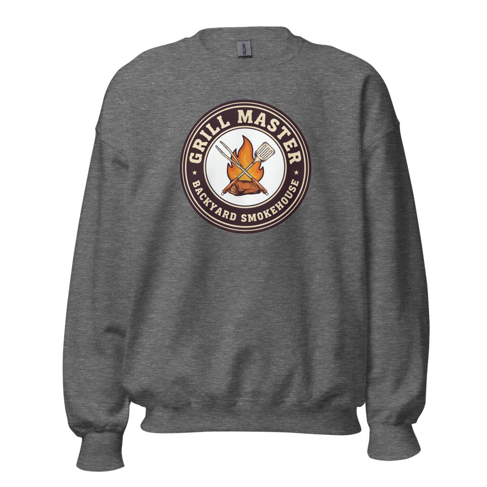 Grill Master retro backyard smokehouse crewneck sweatshirt — Graphite Heather, front