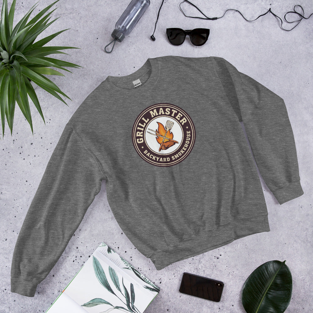 Grill Master retro backyard smokehouse crewneck sweatshirt — Graphite Heather, front-right