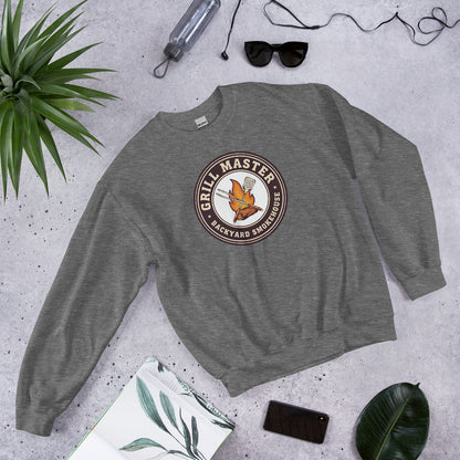 Grill Master retro backyard smokehouse crewneck sweatshirt — Graphite Heather, front-right