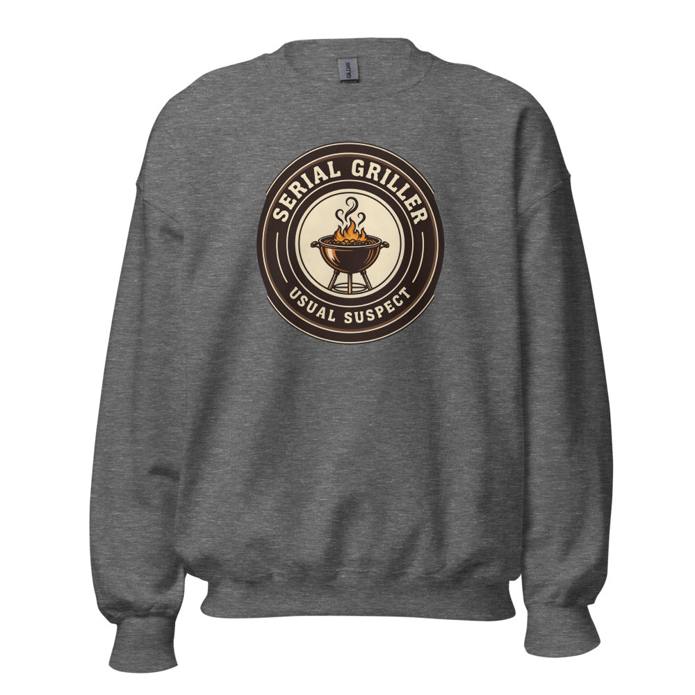 Serial Griller funny BBQ crewneck sweatshirt — Graphite Heather, front