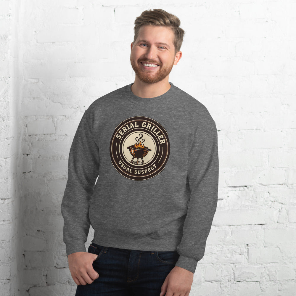 Serial Griller funny BBQ crewneck sweatshirt — Graphite Heather, on model