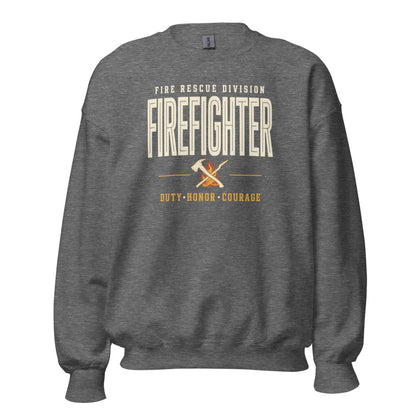 Firefighter collegiate wordmark retro fire-rescue crewneck sweatshirt — Graphite Heather, front