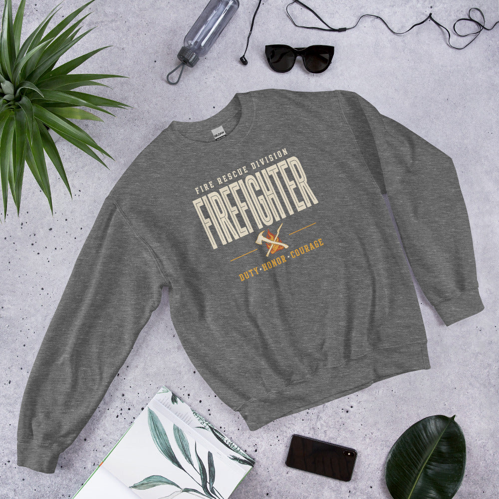 Firefighter collegiate wordmark retro fire-rescue crewneck sweatshirt — Graphite Heather, front-right