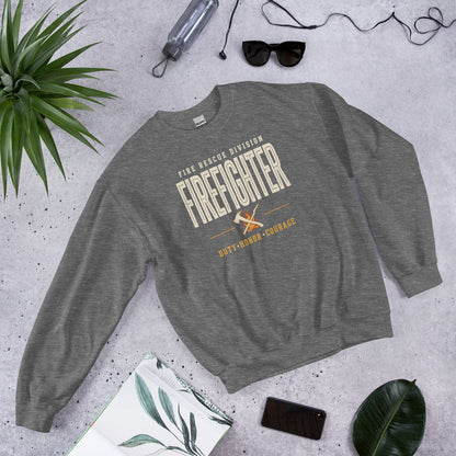 Firefighter collegiate wordmark retro fire-rescue crewneck sweatshirt — Graphite Heather, front-right