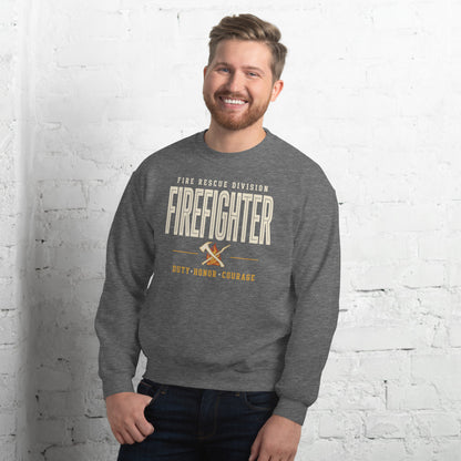 Firefighter collegiate wordmark retro fire-rescue crewneck sweatshirt — Graphite Heather, on model
