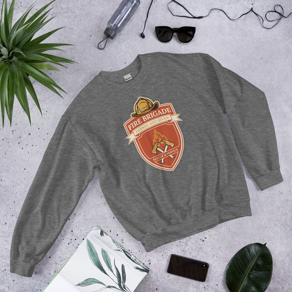 Fire Brigade Earned Not Given retro firefighter shield emblem crewneck sweatshirt — Graphite Heather, front-right