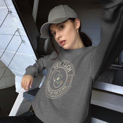 Vet Tech Crest retro veterinary technician crewneck sweatshirt — Graphite Heather, on model
