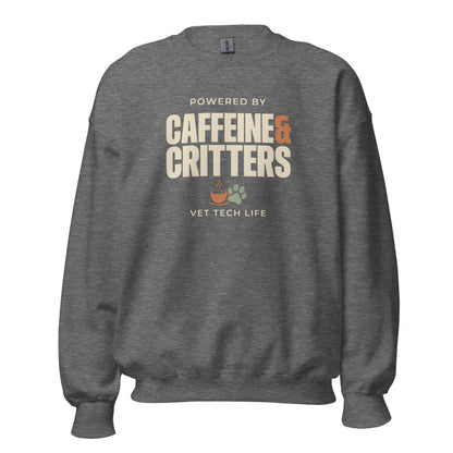 Powered by Caffeine & Critters funny vet tech crewneck sweatshirt — Graphite Heather, front