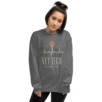 Every Heartbeat Matters minimalist vet tech crewneck sweatshirt — Graphite Heather, on model