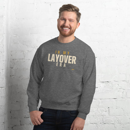In My Layover Era flight attendant crewneck sweatshirt — Graphite Heather, on model