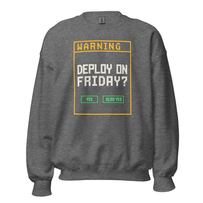 Deploy On Friday programmer crewneck — Graphite Heather, front