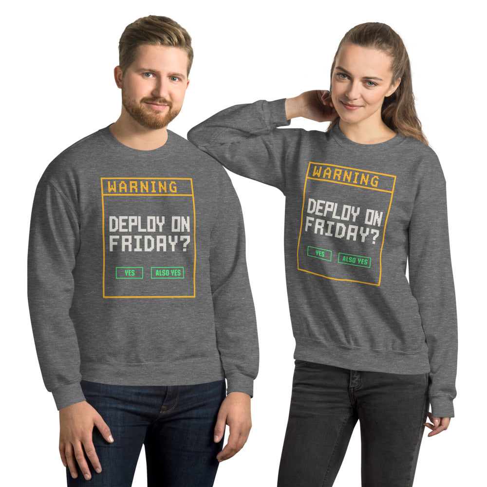 Deploy On Friday programmer crewneck — Graphite Heather, on model