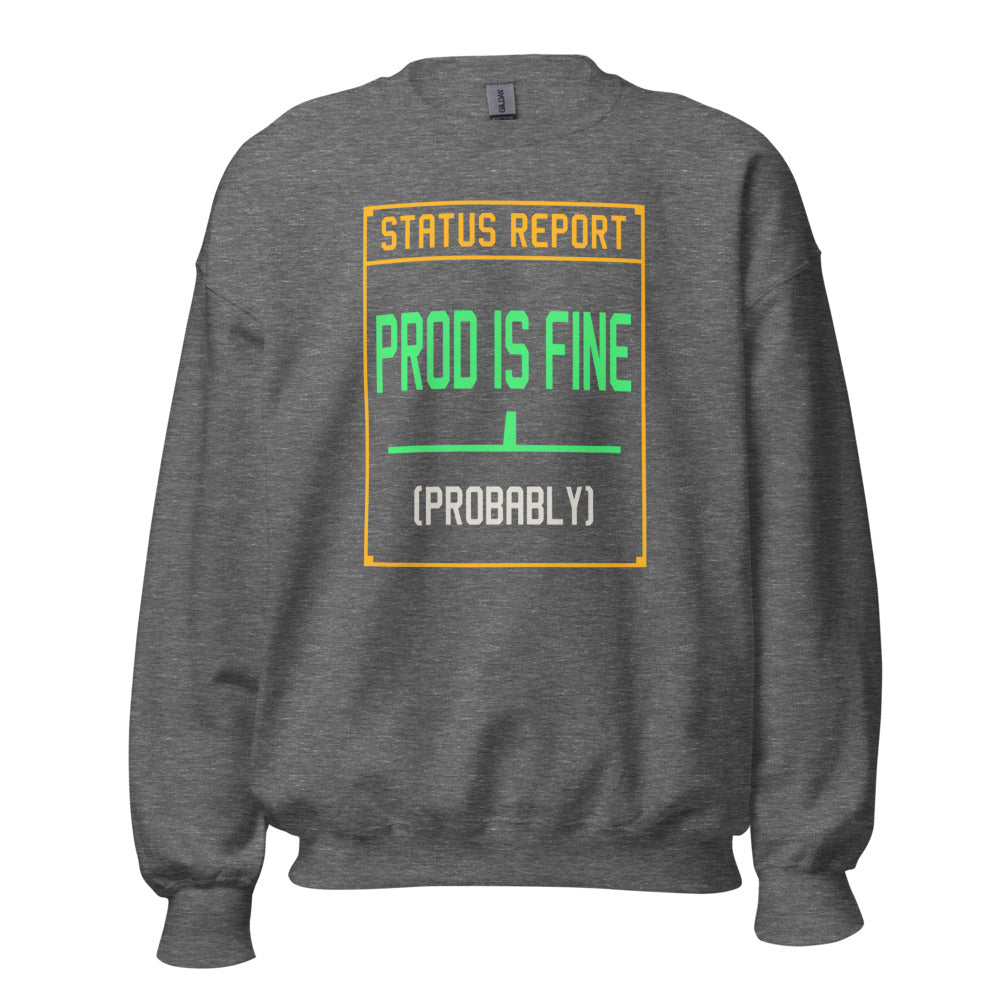 Prod Is Fine programmer crewneck — Graphite Heather, front