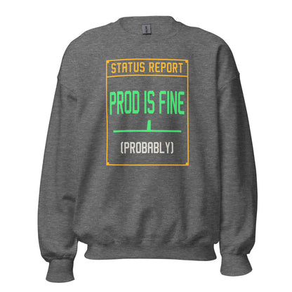 Prod Is Fine programmer crewneck — Graphite Heather, front