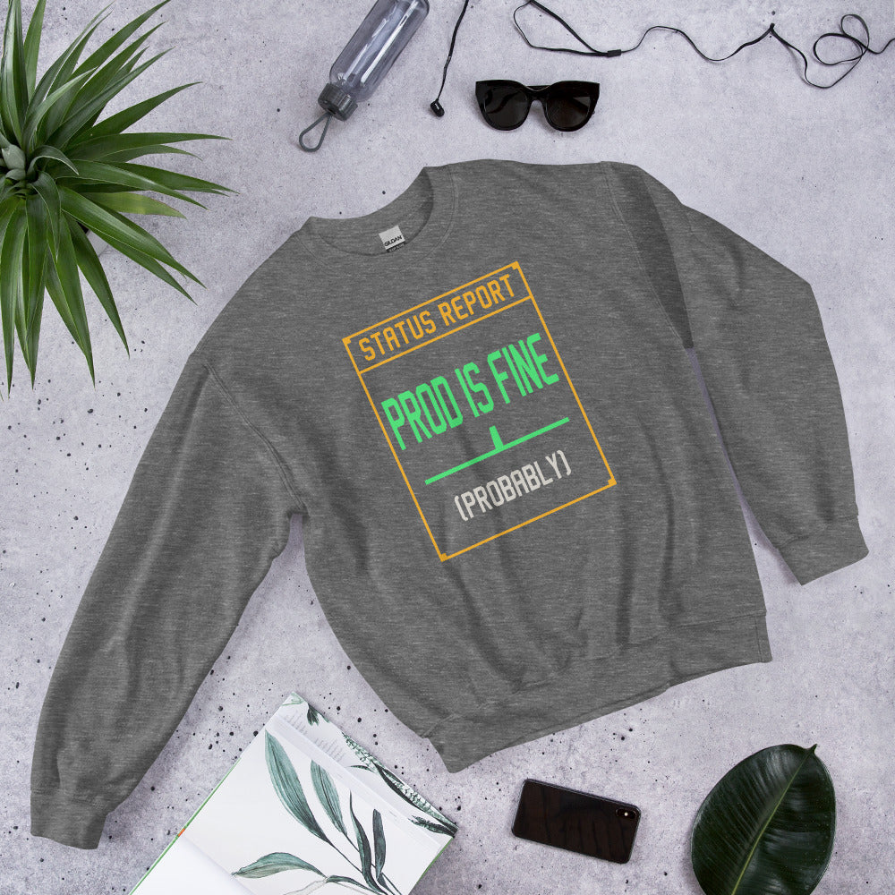 Prod Is Fine programmer crewneck — Graphite Heather, front-right