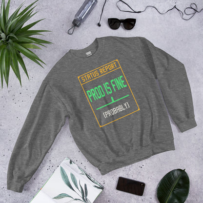 Prod Is Fine programmer crewneck — Graphite Heather, front-right