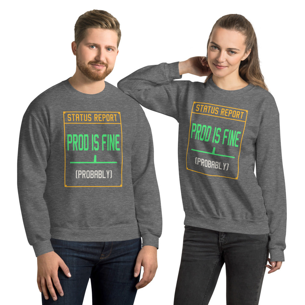 Prod Is Fine programmer crewneck — Graphite Heather, on model