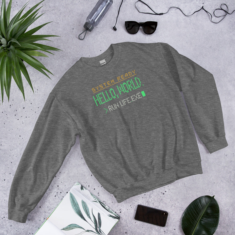 Hello World retro boot screen programmer crewneck sweatshirt — Graphite Heather, front-right