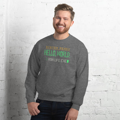 Hello World retro boot screen programmer crewneck sweatshirt — Graphite Heather, on model