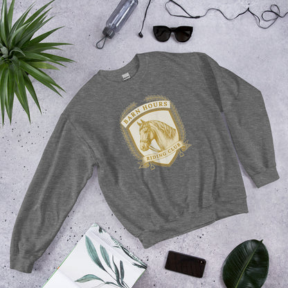 Barn Hours Riding Club vintage equestrian stable crest crewneck sweatshirt — Graphite Heather, front-right