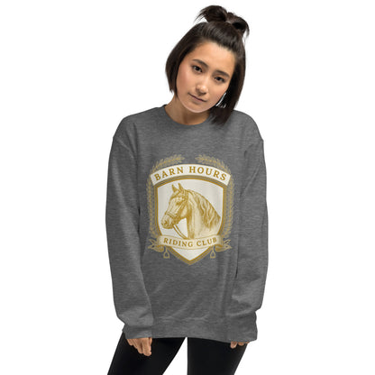 Barn Hours Riding Club vintage equestrian stable crest crewneck sweatshirt — Graphite Heather, on model
