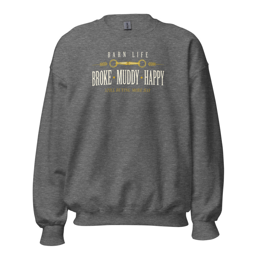 Broke Muddy Happy funny barn life equestrian crewneck sweatshirt — Graphite Heather, front