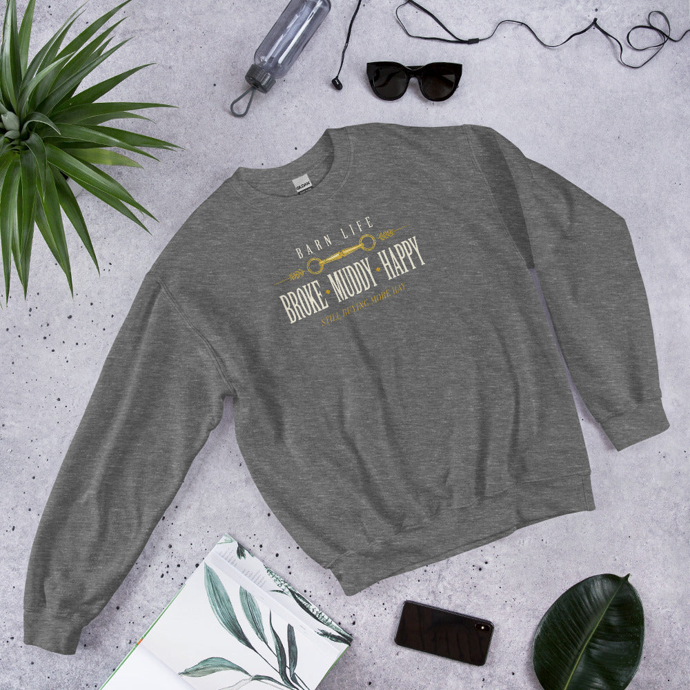 Broke Muddy Happy funny barn life equestrian crewneck sweatshirt — Graphite Heather, front-right