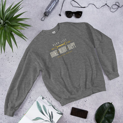Broke Muddy Happy funny barn life equestrian crewneck sweatshirt — Graphite Heather, front-right