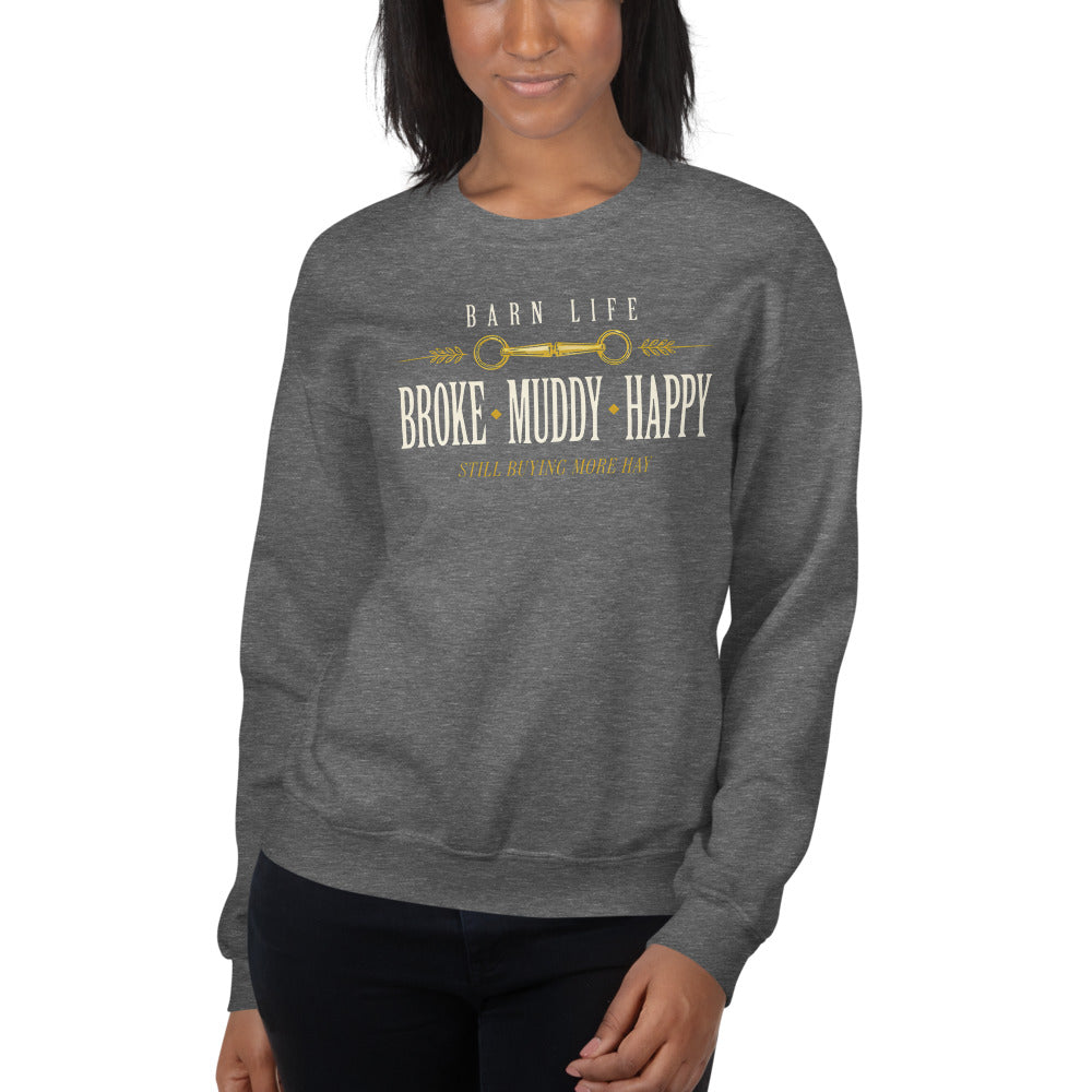 Broke Muddy Happy funny barn life equestrian crewneck sweatshirt — Graphite Heather, on model