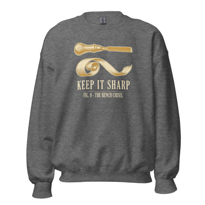 Keep It Sharp woodworking crewneck sweatshirt — Graphite Heather, front