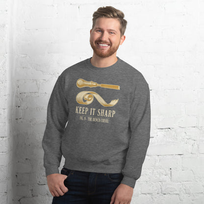 Keep It Sharp woodworking crewneck sweatshirt — Graphite Heather, on model