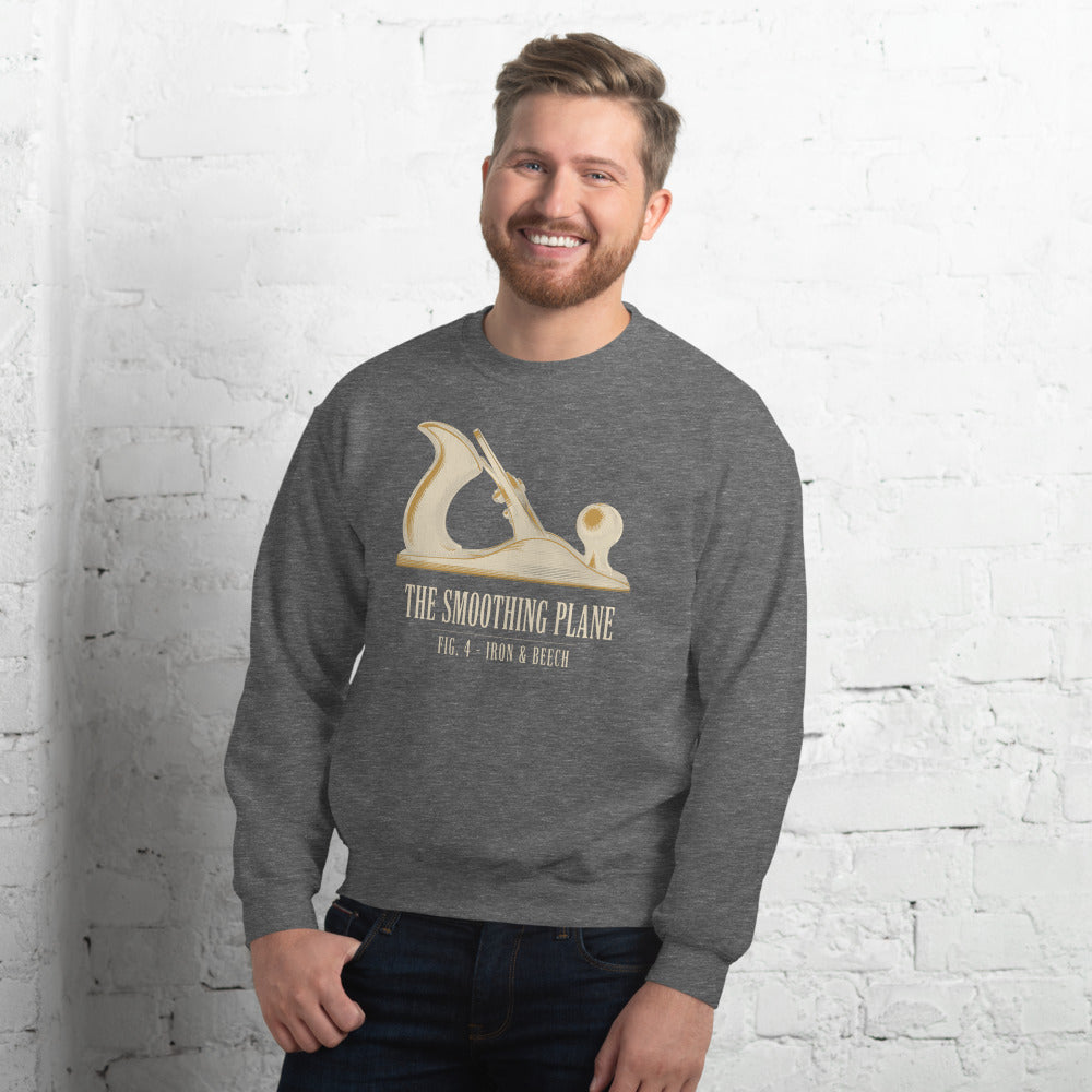 Fig. 4 The Smoothing Plane woodworking crewneck sweatshirt — Graphite Heather, on model