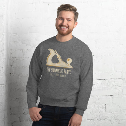 Fig. 4 The Smoothing Plane woodworking crewneck sweatshirt — Graphite Heather, on model