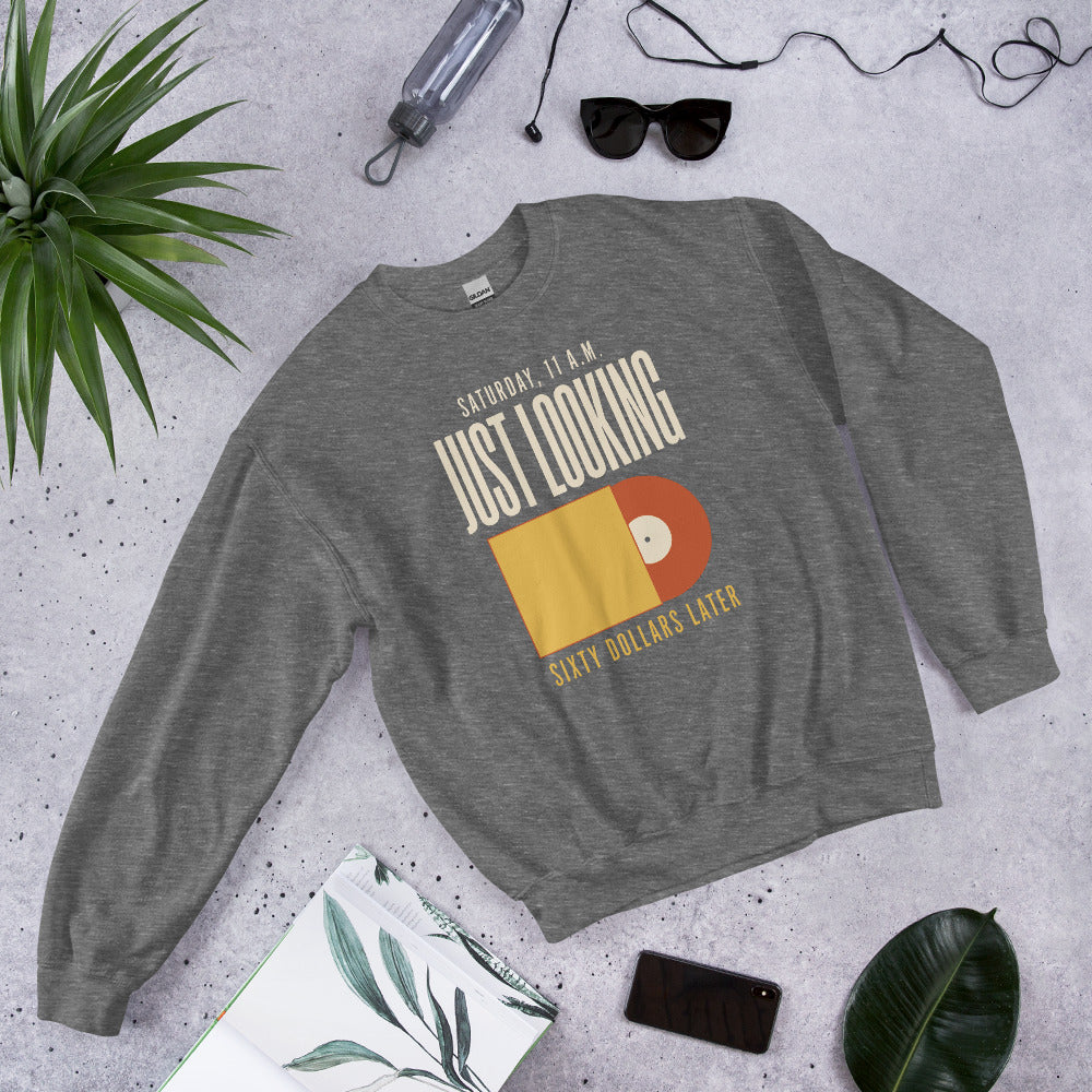 Just Looking Sixty Dollars Later vinyl record crewneck sweatshirt — Graphite Heather, front-right