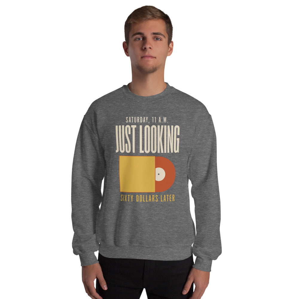 Just Looking Sixty Dollars Later vinyl record crewneck sweatshirt — Graphite Heather, on model