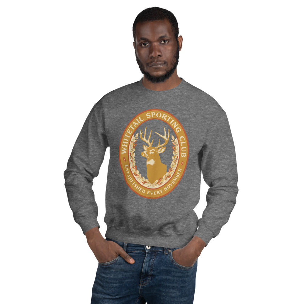 Whitetail Sporting Club vintage deer hunting crewneck sweatshirt — Graphite Heather, on model