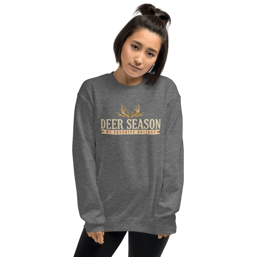 Deer Season My Favorite Holiday deer hunting crewneck sweatshirt — Graphite Heather, on model