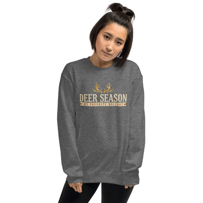 Deer Season My Favorite Holiday deer hunting crewneck sweatshirt — Graphite Heather, on model