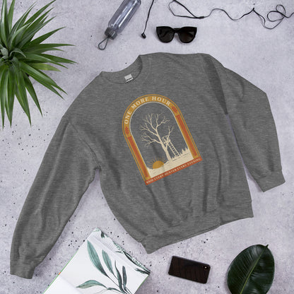 One More Hour funny deer hunting crewneck — Graphite Heather, front-right