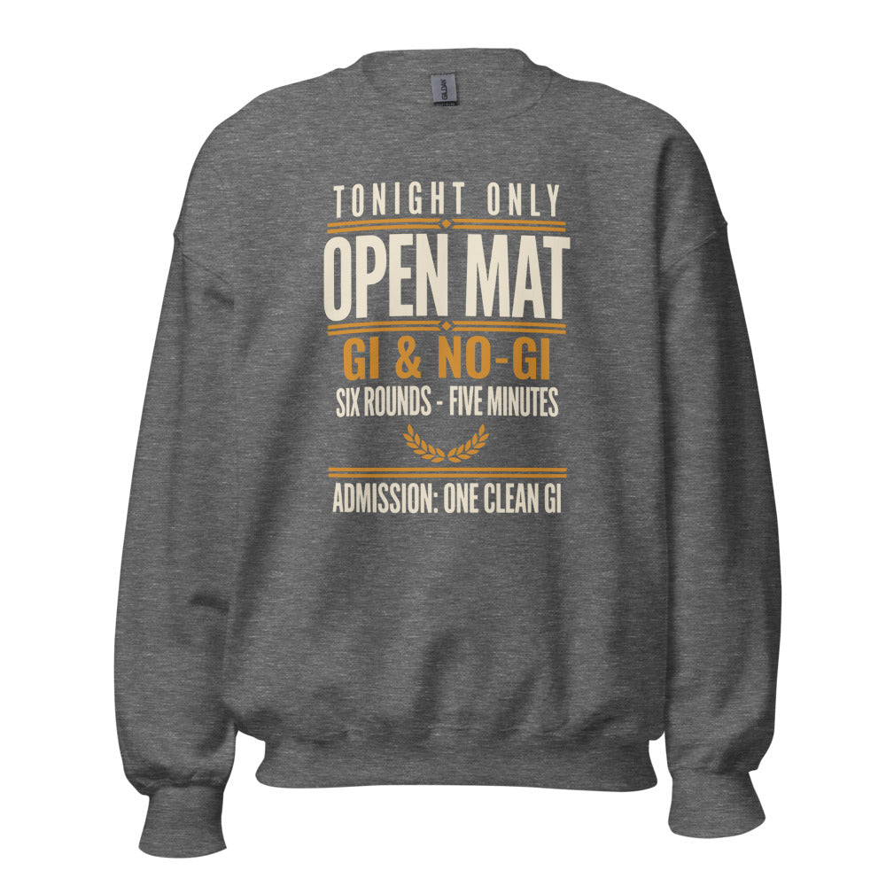 Open Mat Tonight Brazilian jiu jitsu crewneck sweatshirt — Graphite Heather, front